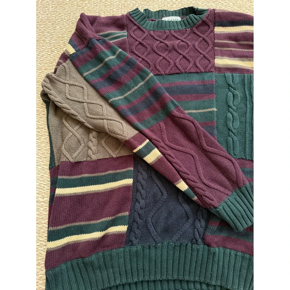 Izod Mens Vintage Patchwork Cable Knit Sweater Cosby grandpa chunky  preppy LG‎